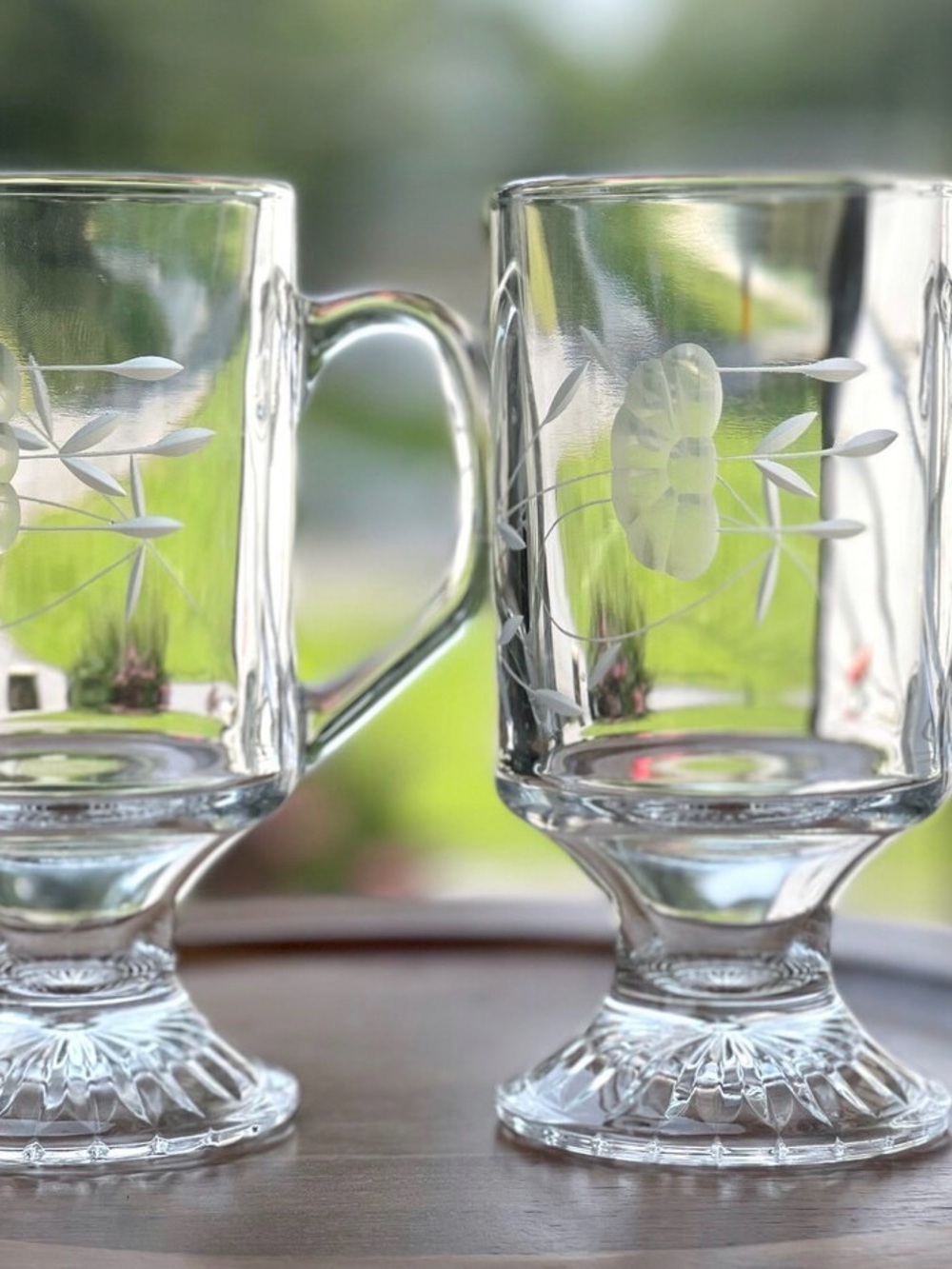Princess House Etched Glass Pedestal Mugs with Floral Motif - Clear
